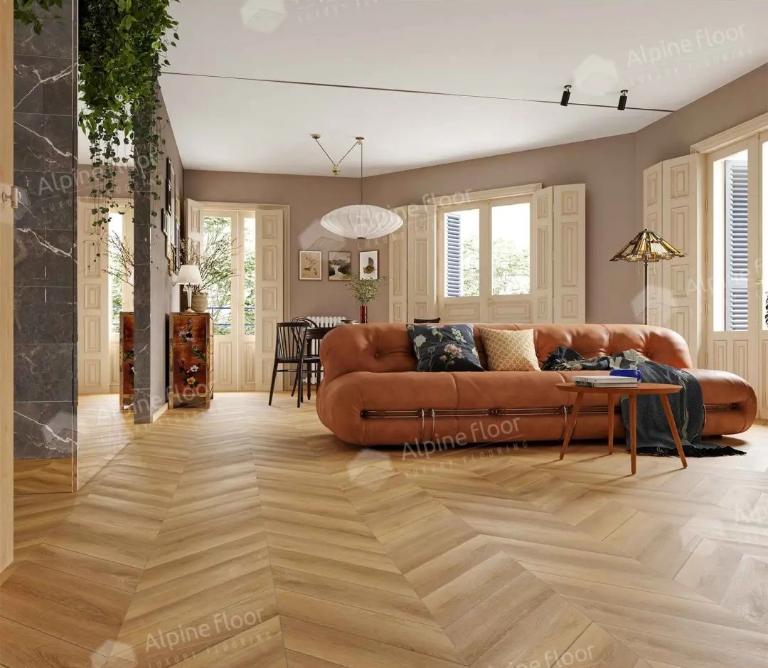 Кварцвиниловый SPC ламинат Alpine Floor Chevron Alpine Баварский лес ECO 18-18 французская елка 600×127×5 фото в интерьере